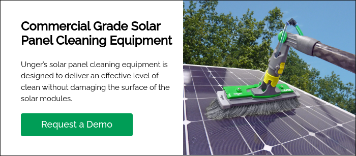 Commercial Grade Solar Panel Cleaning Equipment   Unger’s solar panel cleaning equipment is designed to deliver an effective level of clean without damaging the surface of the solar modules.  